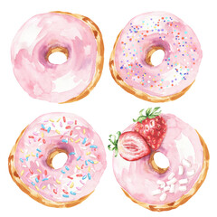 Donut set, pink strawberry doughnuts with dressings. Food illustration.