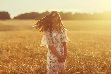 Fototapeta na wymiar field wheat sunset girl, summer landscape, outdoor activity concept abstract freedom woman