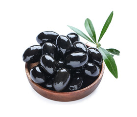 Bowl of black olives on white background