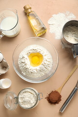 Set of ingredients for baking on color background