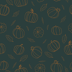 pumpkin and leaves seamless pattern hand drawn in doodle. vegetables in a simple line style