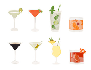 Set of classic cocktails. Different alcoholic drinks in various glasses. Summer aperitif. Mojito, Spritz, Pina colada, Martini, Daiquiri and Cosmopolitan. Vector flat illustration of alcohol beverages