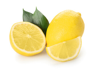 Cut and whole lemons on white background