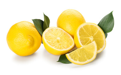 Many ripe lemons isolated on white background