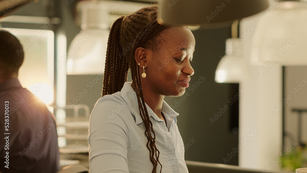 Poster african american woman planning presentation data on computer, working with business research to cre