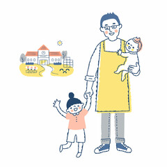 保育士の男性と子供2人と保育園