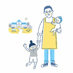 保育士の男性と子供2人と保育園