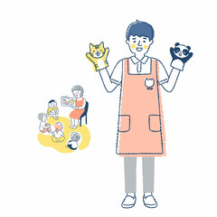 保育士の男性と絵本の読み聞かせシーン