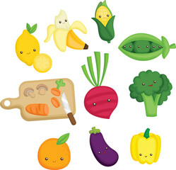 a vector collection of many cute fruits and vegetable  