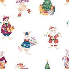 Seamless pattern with Christmas rabbits with gift boxes, Santa Claus, New Year tree. Perfect for winter decorations, cards.