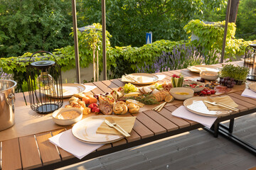 Food served outdoor on a long table