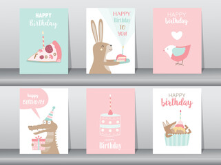 Set of birthday cards,poster,invitation,template,greeting cards,animals,cute,Vector illustrations.