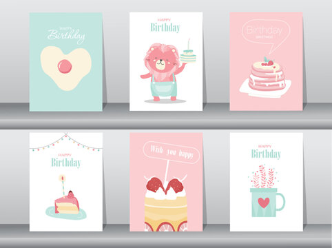 Set of birthday cards,poster,invitation,template,greeting cards,animals,cute,Vector illustrations.