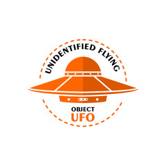 Simple cartoon orange spaceship UFO in badge logo graphic design element