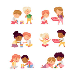 Children Sitting on the Floor in Nursery Playing Toy Blocks and Jigsaw Puzzle Vector Set