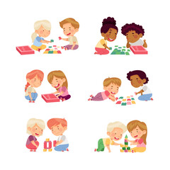 Fototapeta premium Children Sitting on the Floor in Nursery Playing Toy Blocks and Jigsaw Puzzle Vector Set