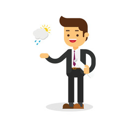 Attractive young tv news weather reporter man showing weather forecast