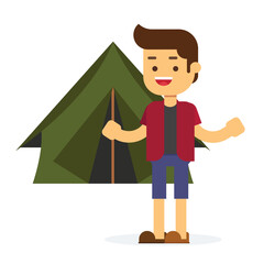 Young man in front a camping tent