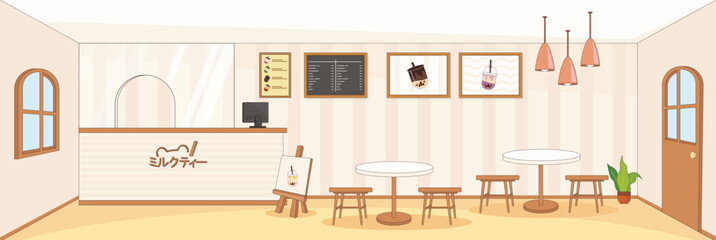 Cute and nice design of Bubble milk tea cafe Inside with furniture and interior objects vector design