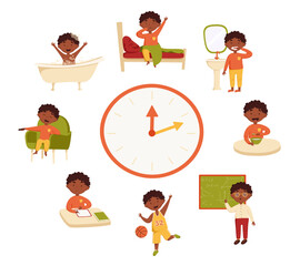 A cute african black boy in different situations vector illustration. Daily routine with orange simple watches. Schedule. Day time. Isolated on white background.