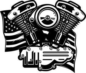 Illustration of twin engine on american flag background. Design element for poster, card, banner, sign, emblem. Vector illustration