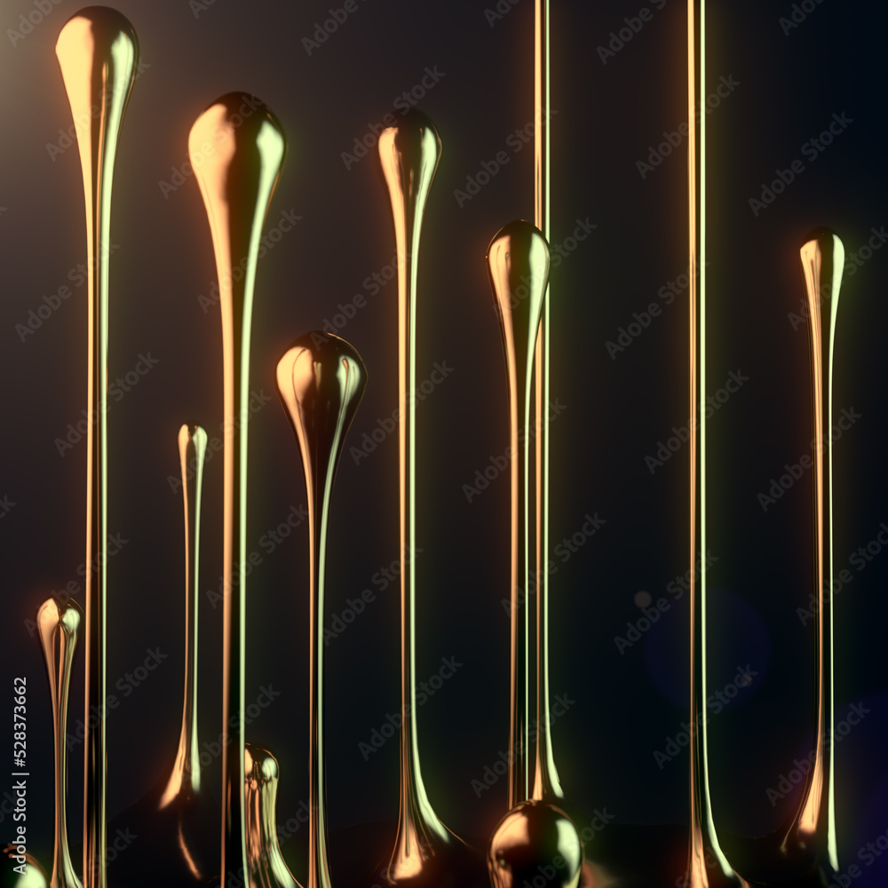 Poster golden luxury drops flowing upwards. modern 3d graphic. 3d rendering digital illustration