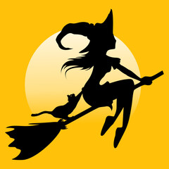 Witch and cat flying on broomstick. Halloween element vector