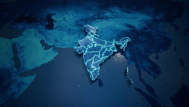 Abstract  geometric futuristic concept 3d Map of India with borders as scribble,  blue neon style