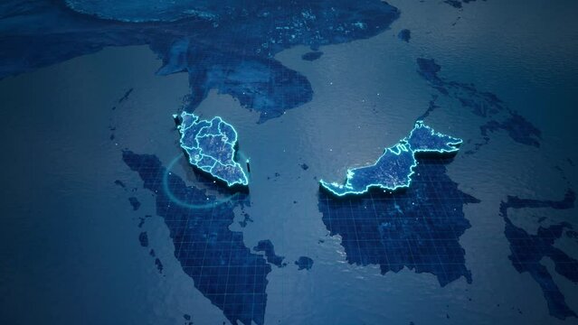 Abstract  geometric futuristic concept 3d Map of Malaysia with borders as scribble,  blue neon style.