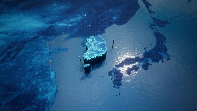 Abstract  geometric futuristic concept 3d Map of South Korea with borders as scribble,  blue neon style.