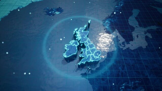 Abstract  geometric futuristic concept 3d Map of United Kingdom with borders as scribble,  blue neon style.