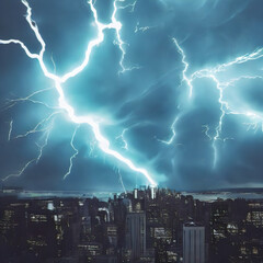 Naklejka na ściany i meble Lightning storm over fantasy city. 3D render