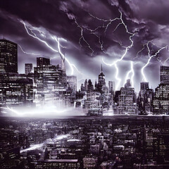 Lightning storm over fantasy city. 3D render