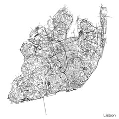 Lisbon city map with roads and streets, Portugal. Vector outline illustration.