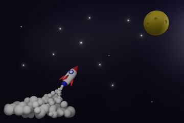 spaceship soaring in the sky The destination is the moon along the way surrounded by many stars. 3d illustration.