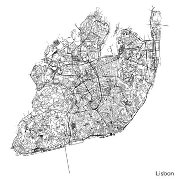 Lisbon city map with roads and streets, Portugal. Vector outline illustration.