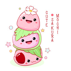 Stack of cute sakura mochi in kawaii style. Japanese traditional cuisine dish confectionery wrapped in cherry leaves. Can be used for t-shirt print, sticker, greeting card, menu design. Vector EPS8  