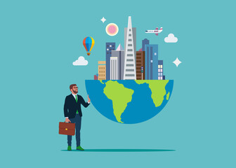 Businessman holds the globe. Concept business vector, World, Corporate.