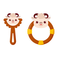 Fototapeta premium A baby rattle with a handle and a ring. A rattle with a cartoon lamb for kids. A gift for newborns.