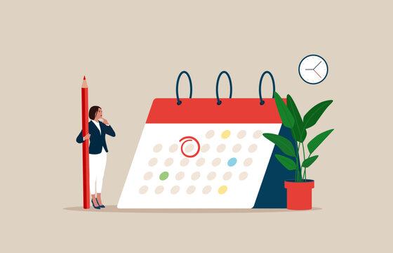 Woman standing with huge calendar and holds big red pencil. Time management. Planning concept. Vector illustration.