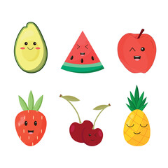 Set of cute kawaii fruits isolated on white background. Food vector design illustration
