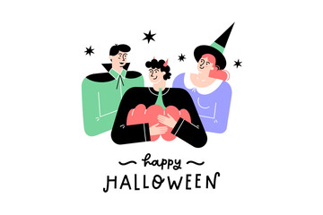 Group of people celebrating Halloween holiday in Masquerade costumes. 