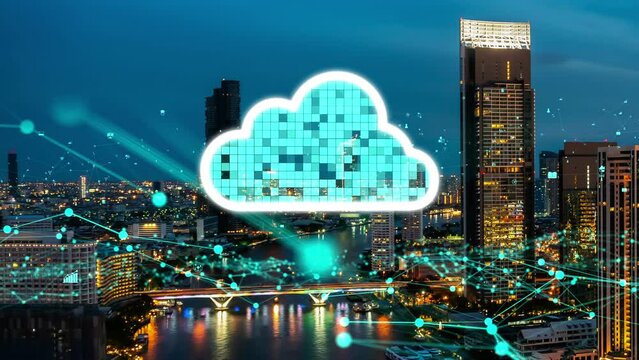 Cloud computing technology and online data storage for alteration data sharing . Computer connects to internet network server service for cloud data transfer shown in 3D futuristic graphic interface .