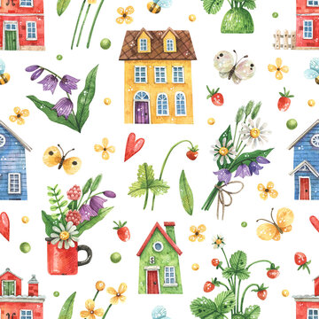 Watercolor seamless pattern with cute colored houses, butterflies and meadow flowers. Texture for scrapbooking, fabrics, wallpapers.