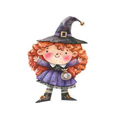 Cute Halloween character, red-haired sorceress watercolor illustration isolated on white background. Witch in a purple dress with red hair and a pointed hat.