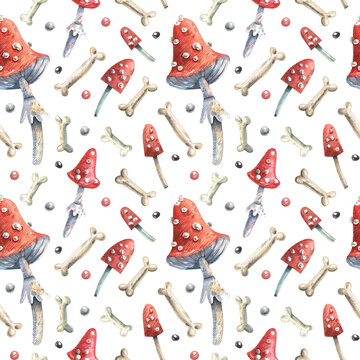 Watercolor seamless background with fly agaric and bones on a white background. Poison, poison, mushrooms pattern. Texture for wrapping paper, fabrics, decor. Halloween pattern.