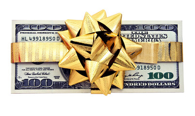 one hundred dollars gift wraped with a golden ribbon - 528377650