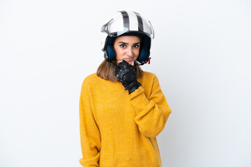 Young caucasian woman with a motorcycle helmet isolated on white background thinking