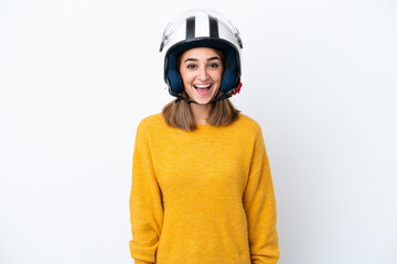 Young caucasian woman with a motorcycle helmet isolated on white background with surprise facial expression