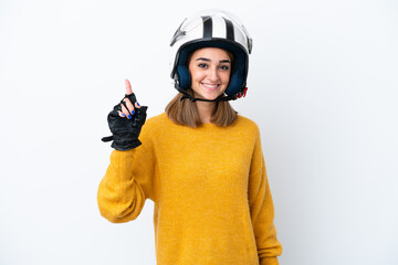 Young caucasian woman with a motorcycle helmet isolated on white background showing and lifting a finger in sign of the best